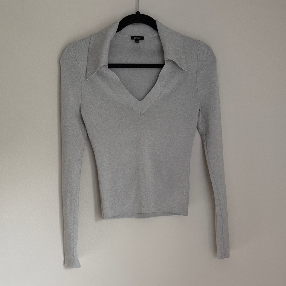 Express Silver-Gray V-Neck Polo Sweater